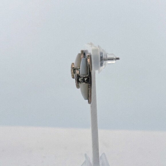 Estate Sterling Silver 925 Oval Marcasite Mother of Pearl EZ Back Stud Earrings - Picture 4 of 8